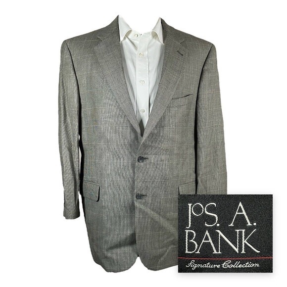Jos A Bank Signature‎ Blazer Sport Coat Mens 44R Beige Check Silk Wool